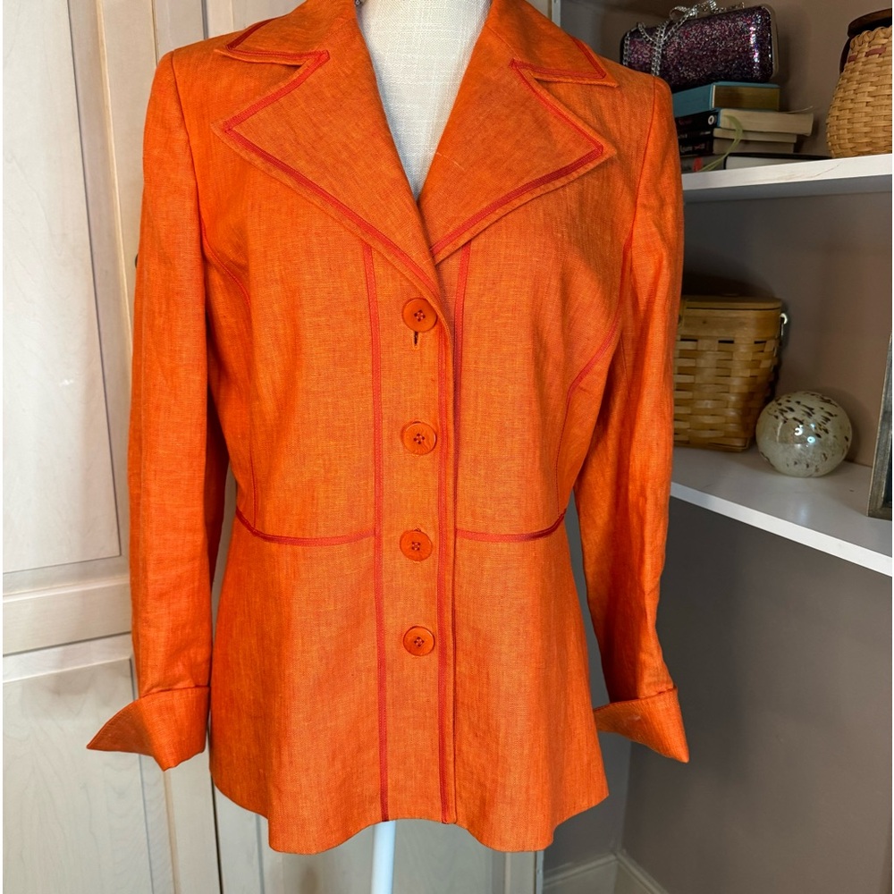 Linda Allard Ellen Tracy Tangerine 100% Linen Tailored Blazer Jacket Sz 10